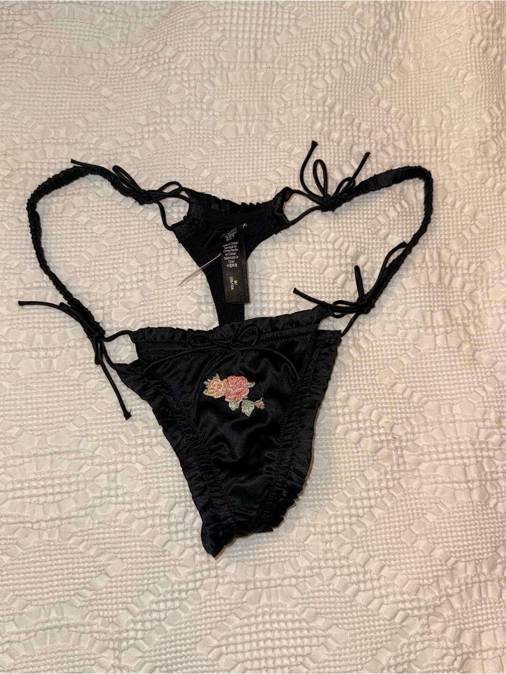 Victoria's Secret Black Satin Thong with Rose Embroidery